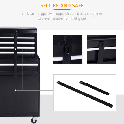 Tool Chest 2 in 1 Metal Tool Cabinet Storage Box with 5 Drawers Pegboard Wheels 60x28x104.5cm Black