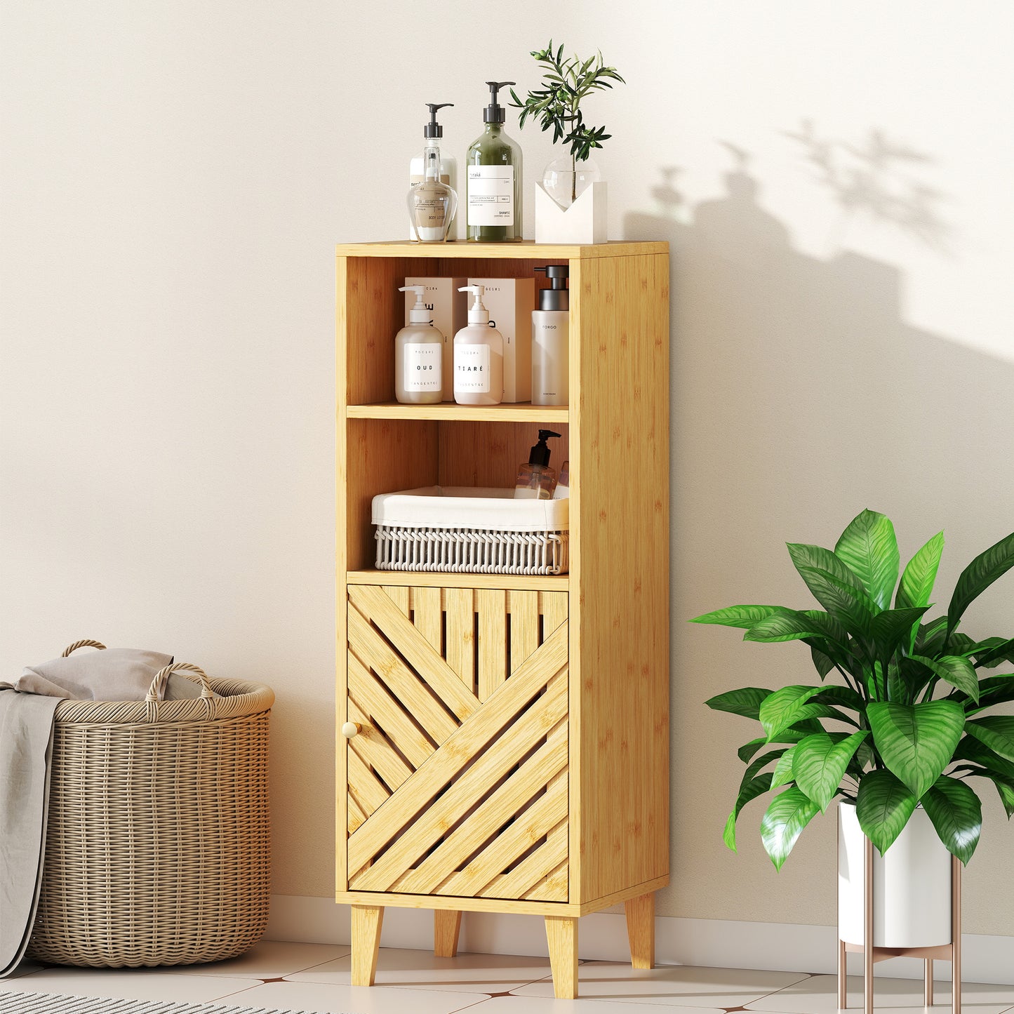 Slim Bathroom Cabinet with Bamboo Door and Legs, Narrow Bathroom Storage Cabinet