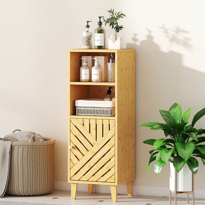 Slim Bathroom Cabinet with Bamboo Door and Legs, Narrow Bathroom Storage Cabinet