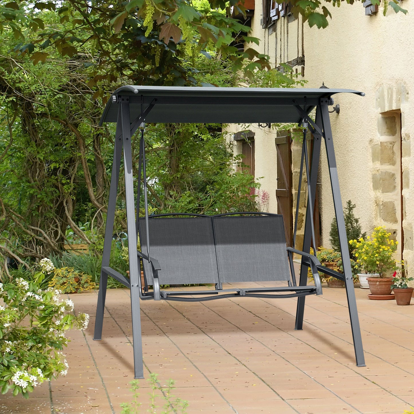 2 Seater Garden Swing Seat Swing Chair, Outdoor Canopy Swing Bench with Adjustable Shade, Metal Frame and Texteline Seat