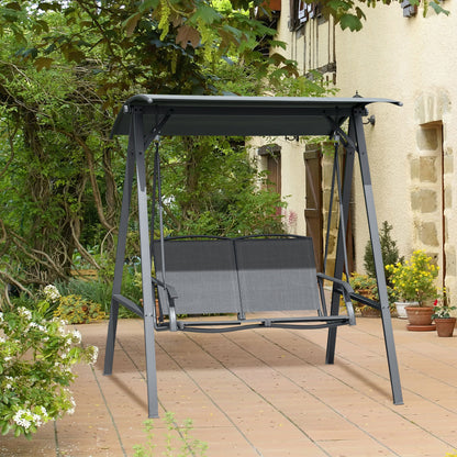 2 Seater Garden Swing Seat Swing Chair, Outdoor Canopy Swing Bench with Adjustable Shade, Metal Frame and Texteline Seat
