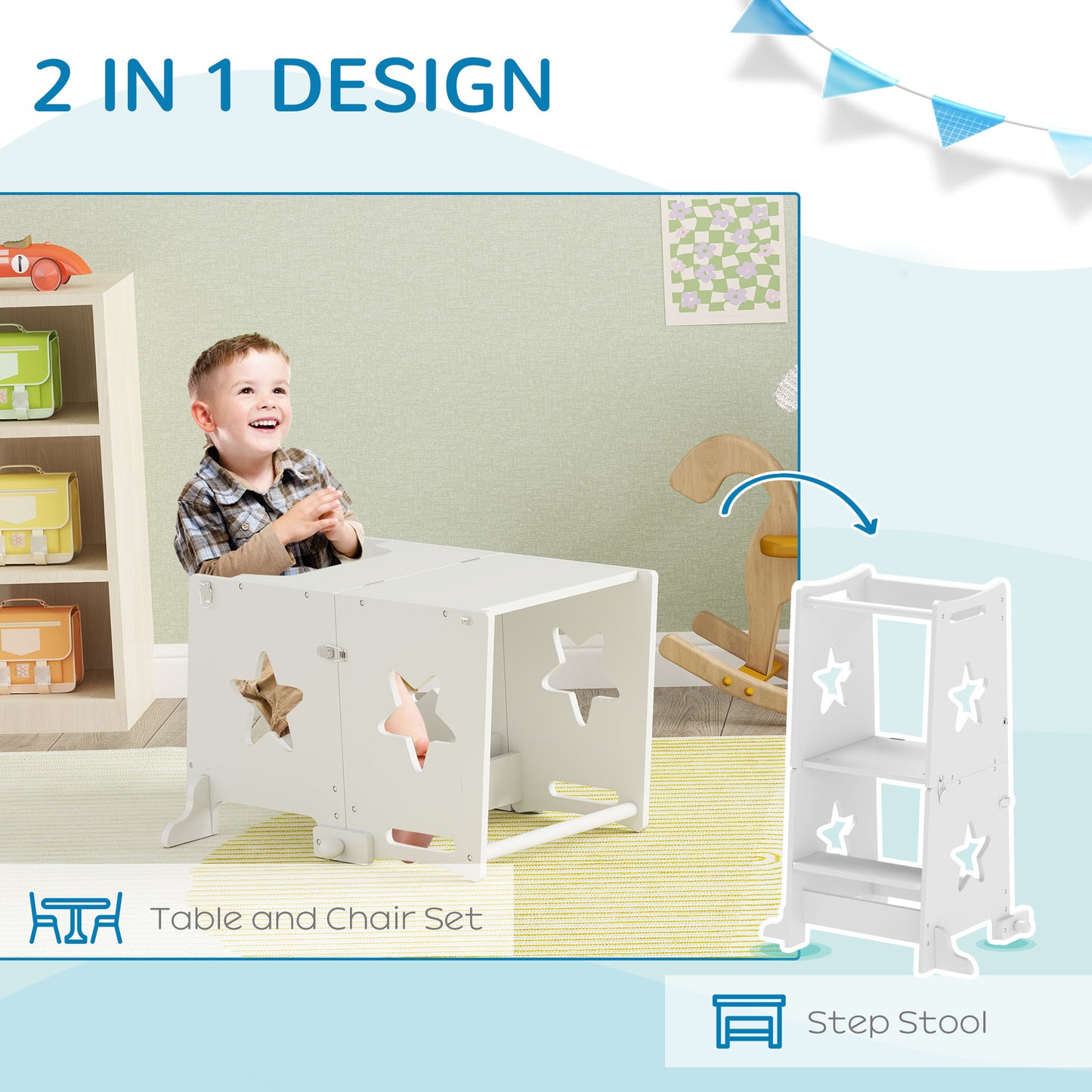 2-in-1 Toddler Step Stool with Safety Rail for Kitchen, Bathroom, White