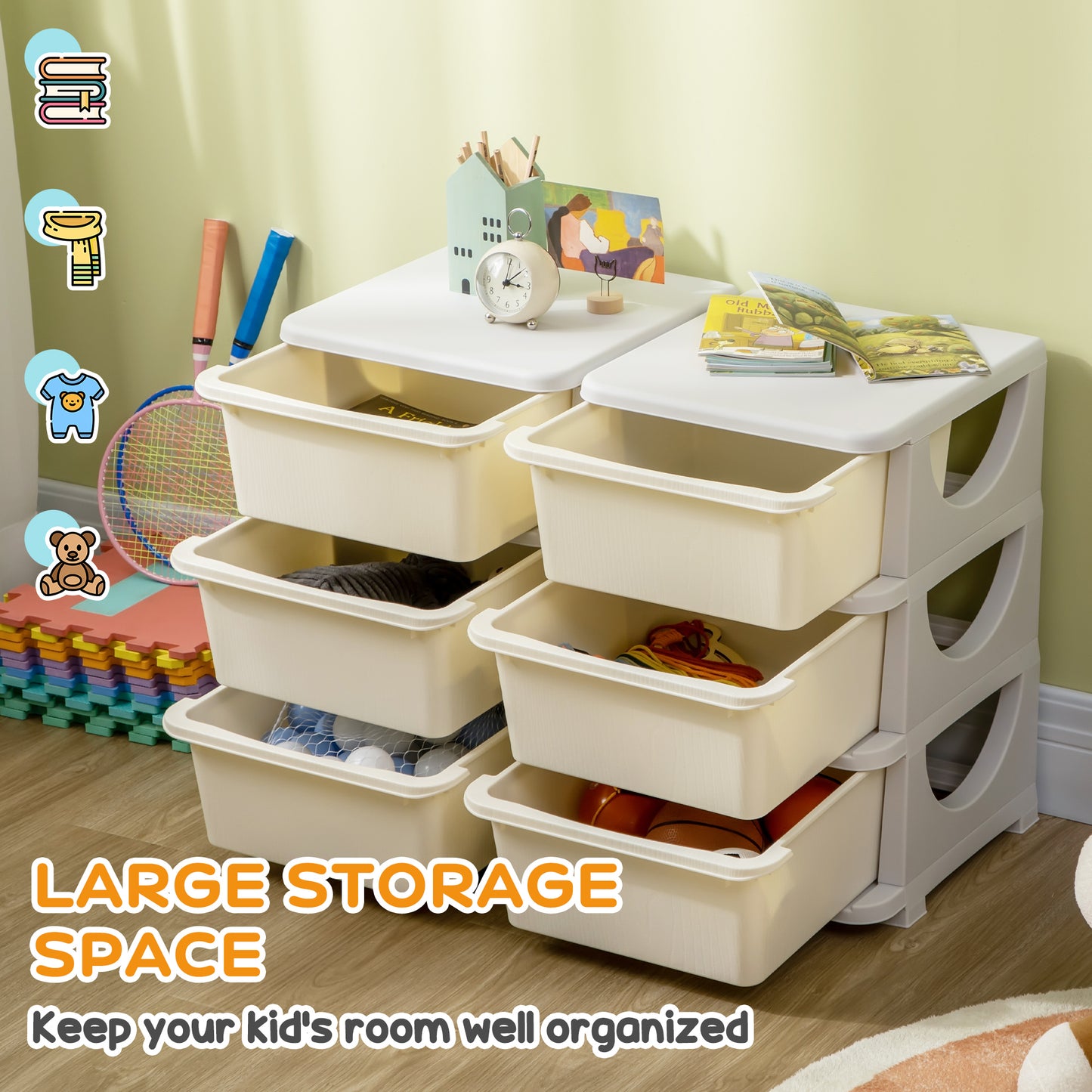 Kids Storage Unit, with Six Drawers - Cream