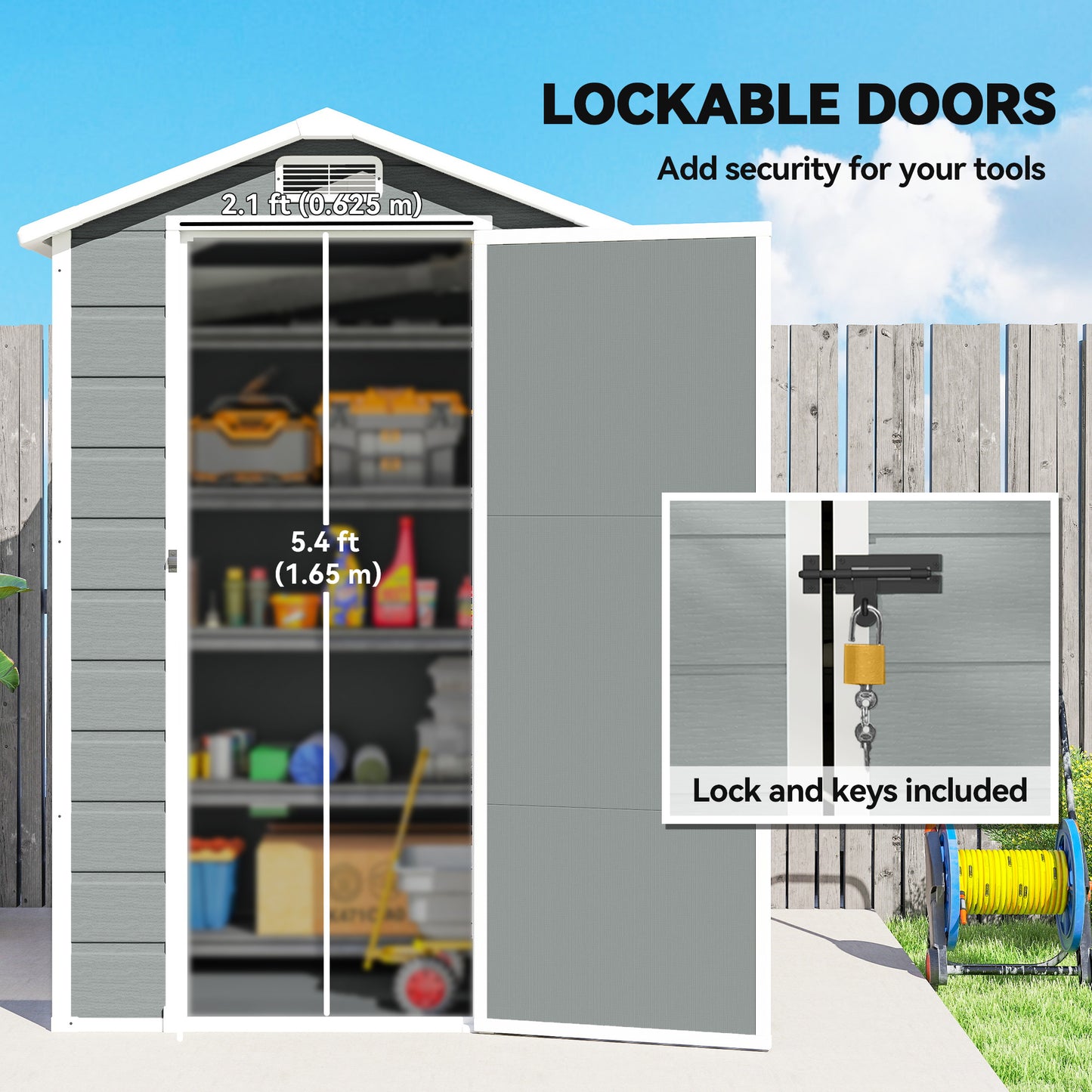 4 x 3 ft Plastic Garden Shed with Floor, Outdoor Storage Shed with Lockable Door, Window and Vent, Light Grey