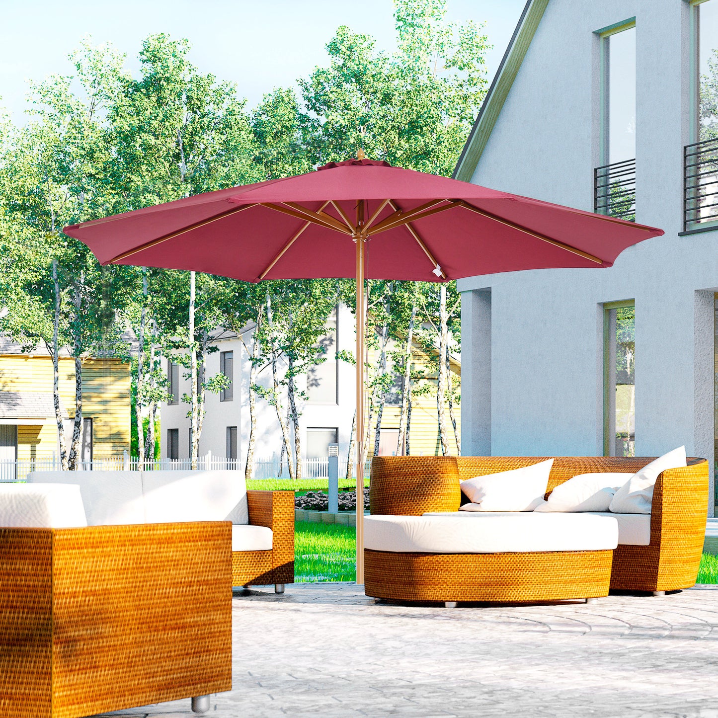 3(m) Garden Parasol, Pulley Operated Patio Umbrella, Wooden Table Market Umbrella with Rope Pulley Mechanism and 8 Ribs