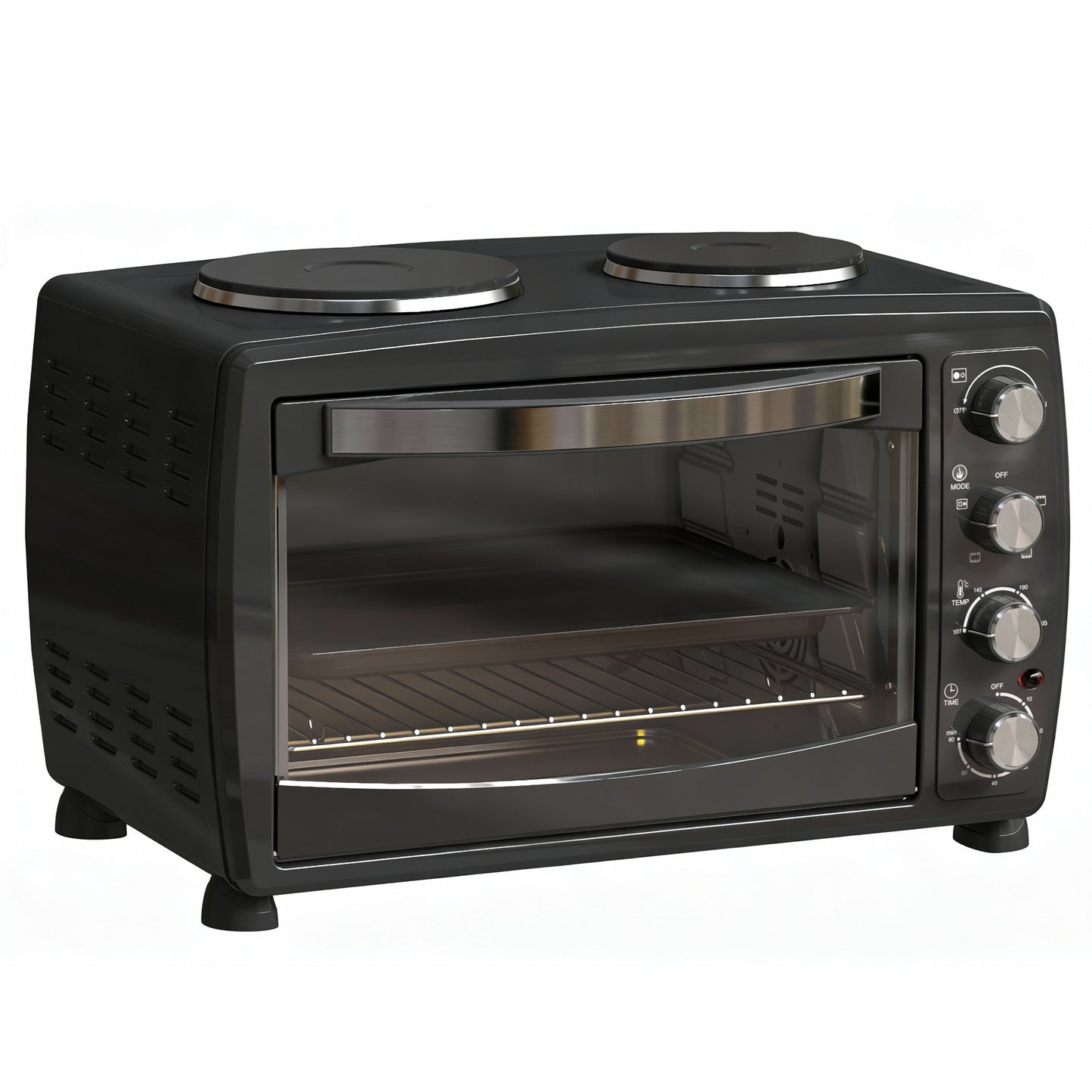36L Small Oven with 2 Hot Plates, Countertop Toaster Oven, Grill, Roast, Bake, Boil, with Timer, Adjustable Temperature