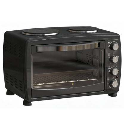 36L Small Oven with 2 Hot Plates, Countertop Toaster Oven, Grill, Roast, Bake, Boil, with Timer, Adjustable Temperature