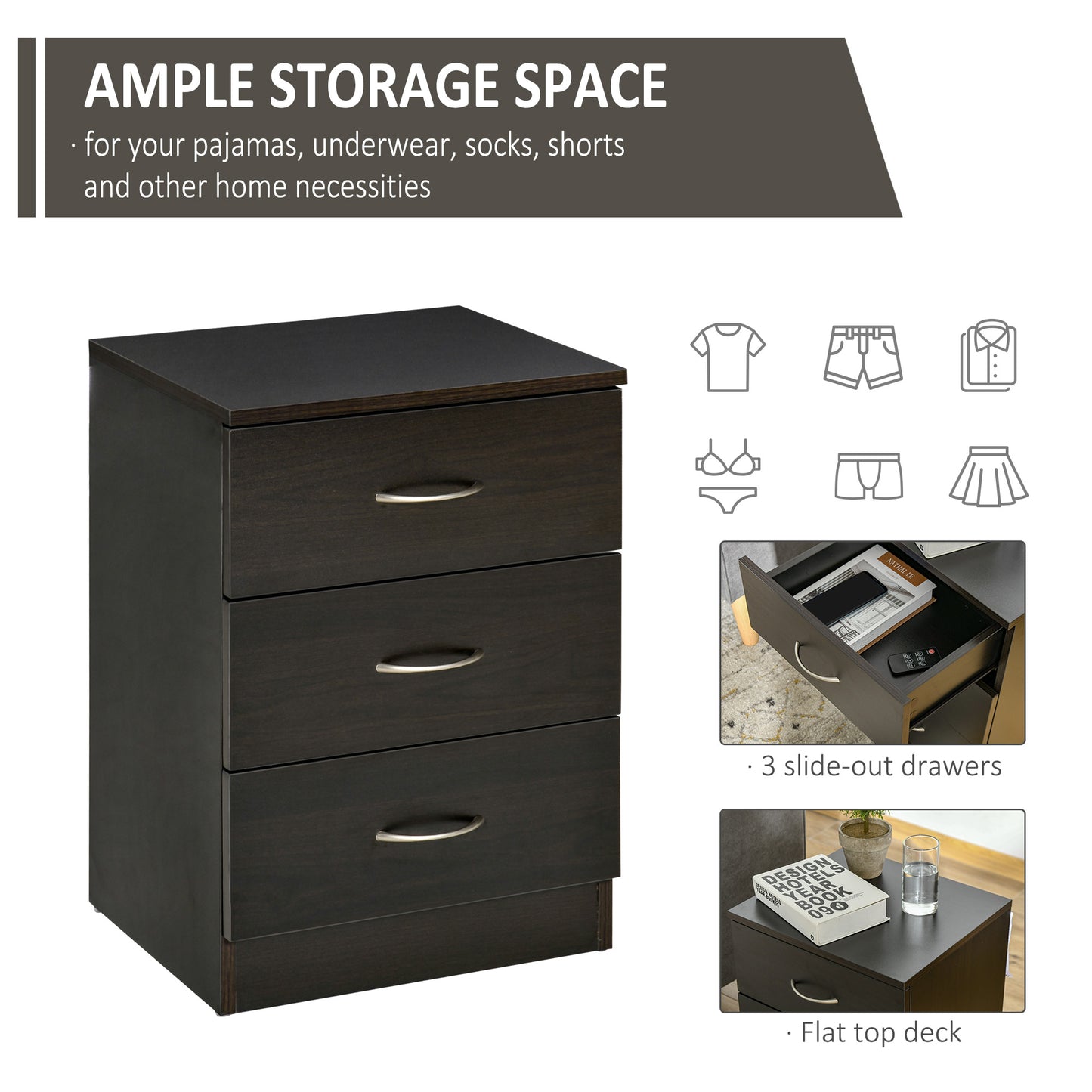 Three-Drawer Simple Bedside Table - Black