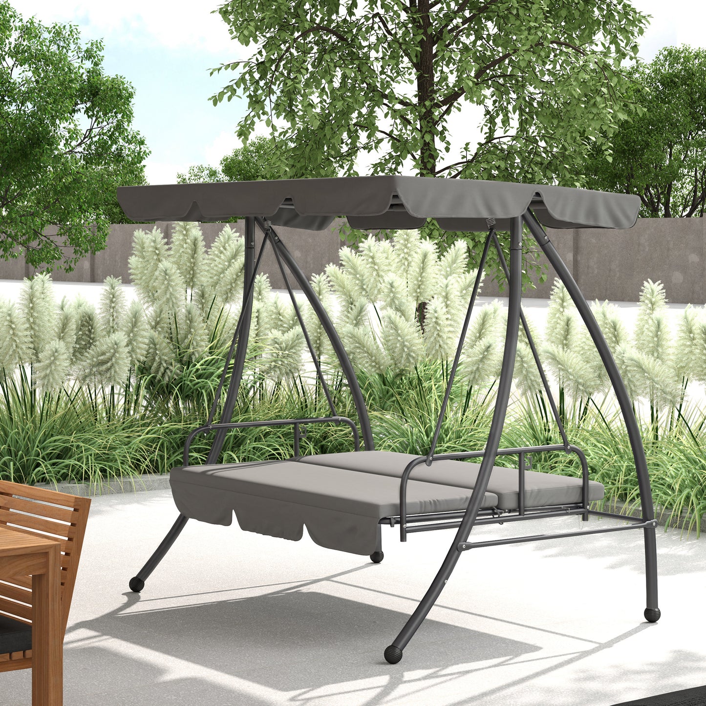 Outdoor 2-in-1 Swing Chair Lounger 3 Seater Garden Swing Seat Bed Convertible Tilt Canopy W/ Cushion, Light Grey