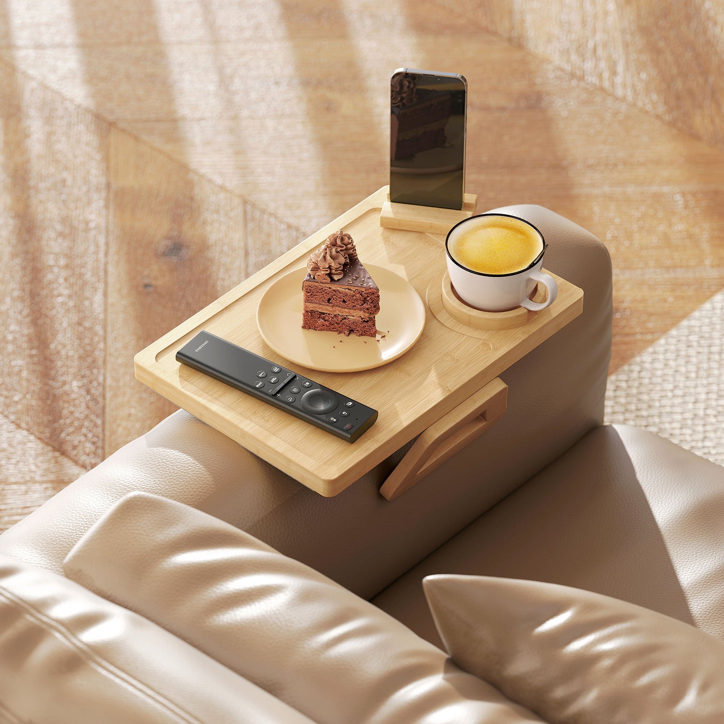 Anti-Slip Sofa Armrest Tray, Bamboo Sofa Arm Tray with 360° Phone Holder and Removable Cup Holder, Natural