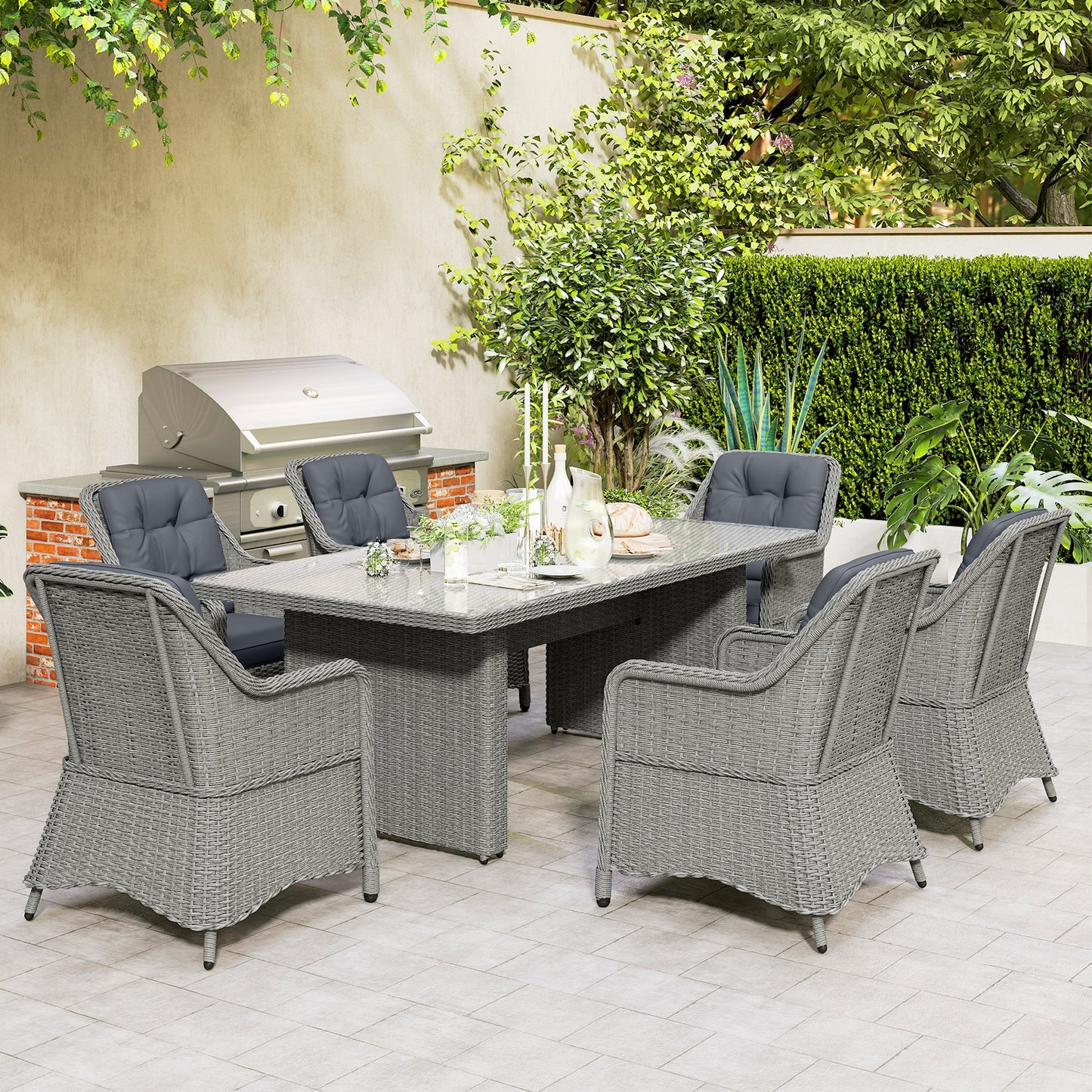 6 Seater Rattan Garden Dining Set with Cushions, Aluminium Outdoor Patio Furniture Set for Garden Gatherings & Outdoor Dining
