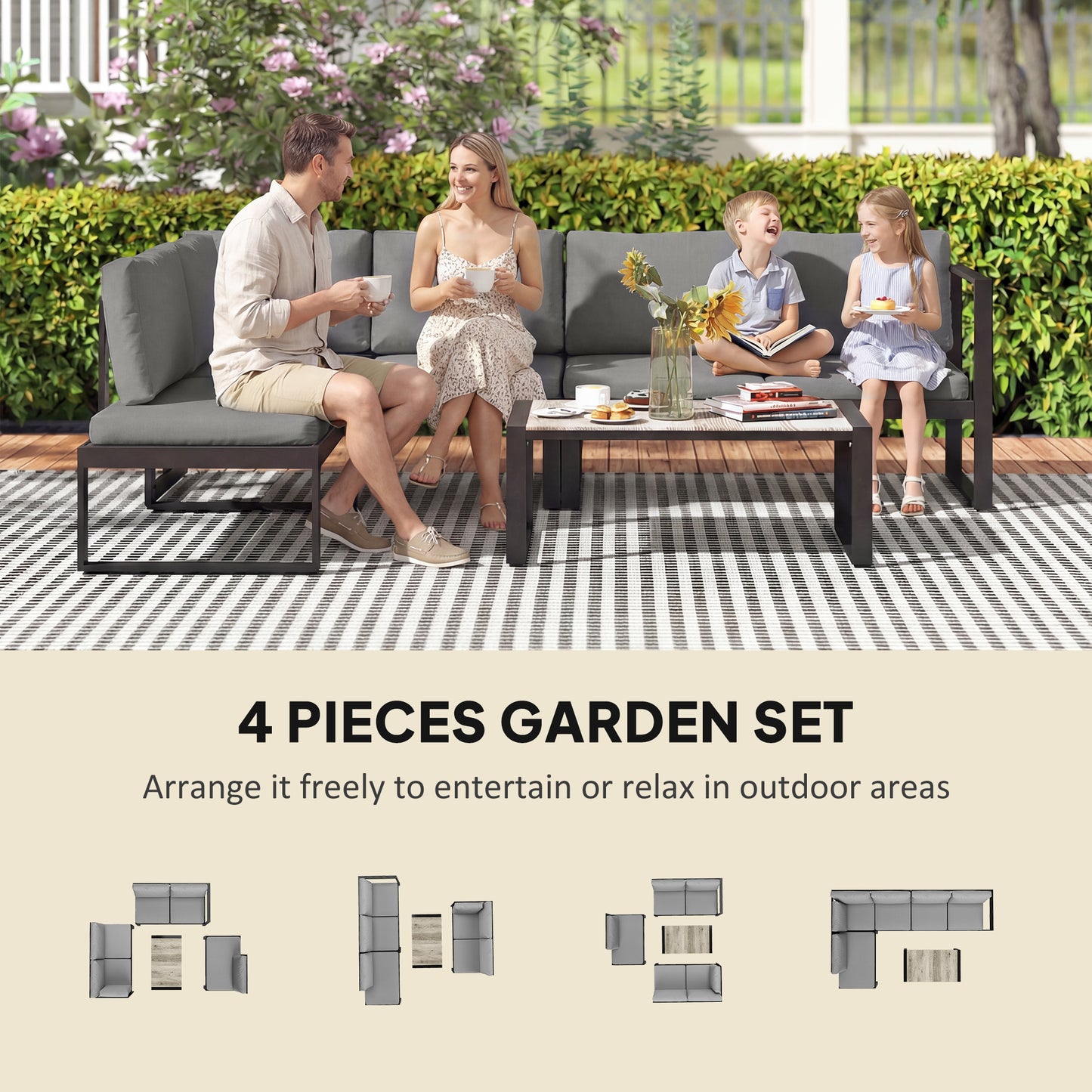 4 Piece Garden Furniture Set, Garden Sofa Set with 2 Loveseats, Armless Chair, Coffee Table for Balcony, Dark Grey