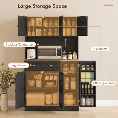 173 cm Tall Kitchen Cupboard with Charging Station, Pantry Storage Cabinet with Adjustable Shelves and 4 Door Racks