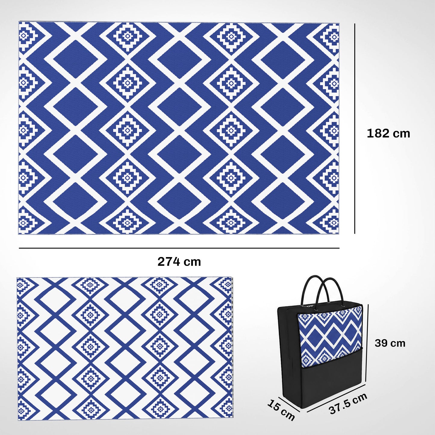 Plastic Straw Reversible RV Outdoor Rug with Carry Bag, 182 x 274cm, Blue and White