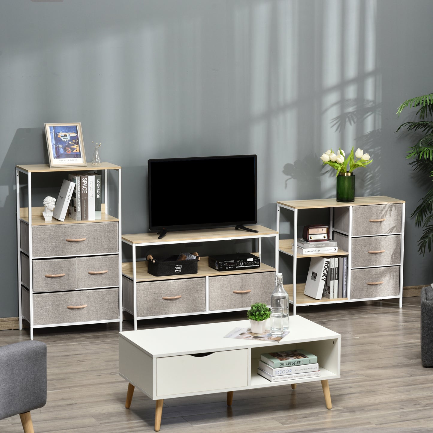 Chest of Drawers Storage Dresser Cabinet Organizer with 3 Fabric Drawers and 2 Display Shelves for Living Room, Bedroom