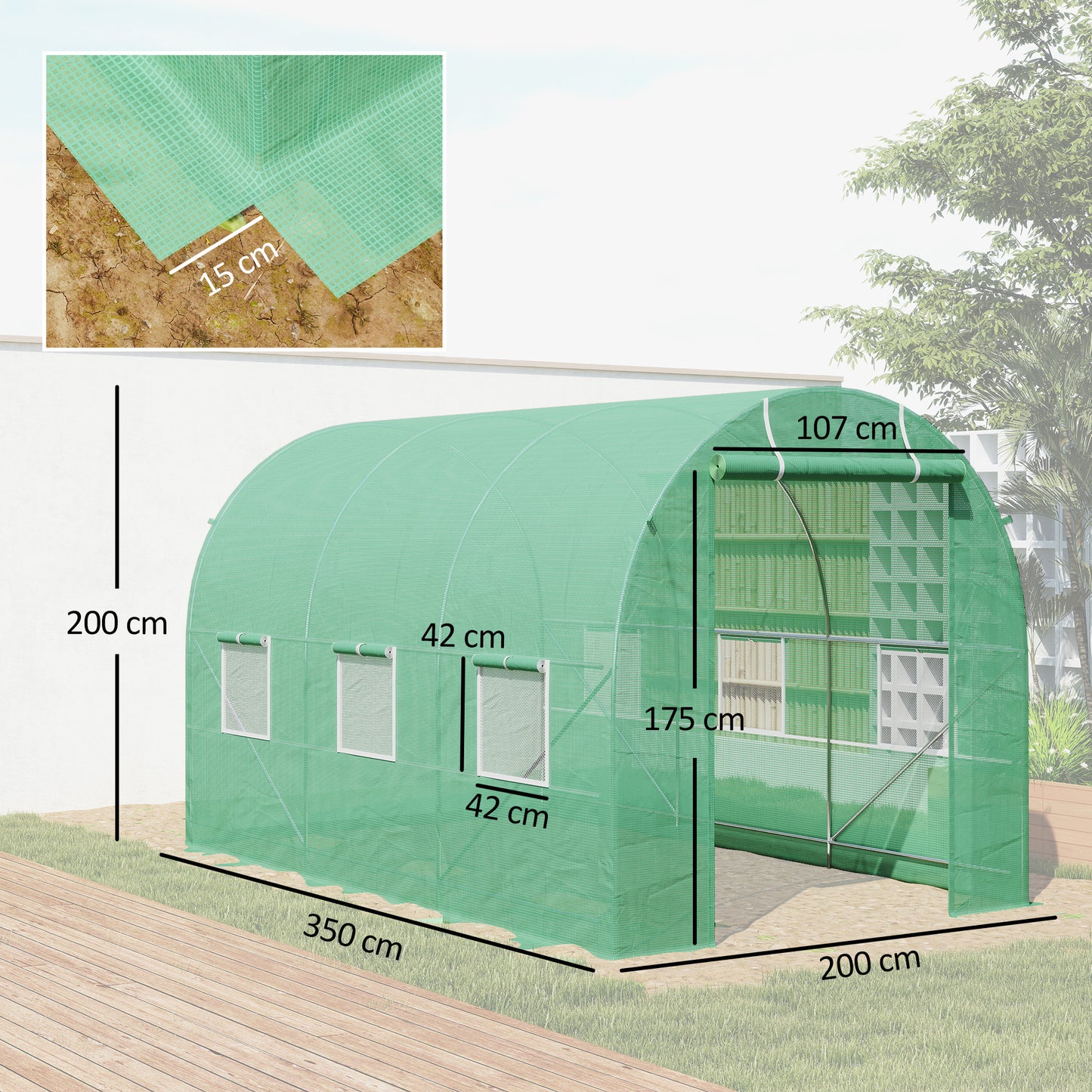 3.5 x 2m Walk-In Polytunnel Greenhouse, with Steel Frame, PE Cover, Roll-Up Door and 6 Windows, Green