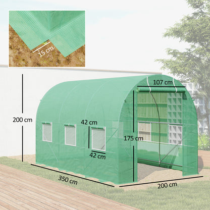 3.5 x 2m Walk-In Polytunnel Greenhouse, with Steel Frame, PE Cover, Roll-Up Door and 6 Windows, Green