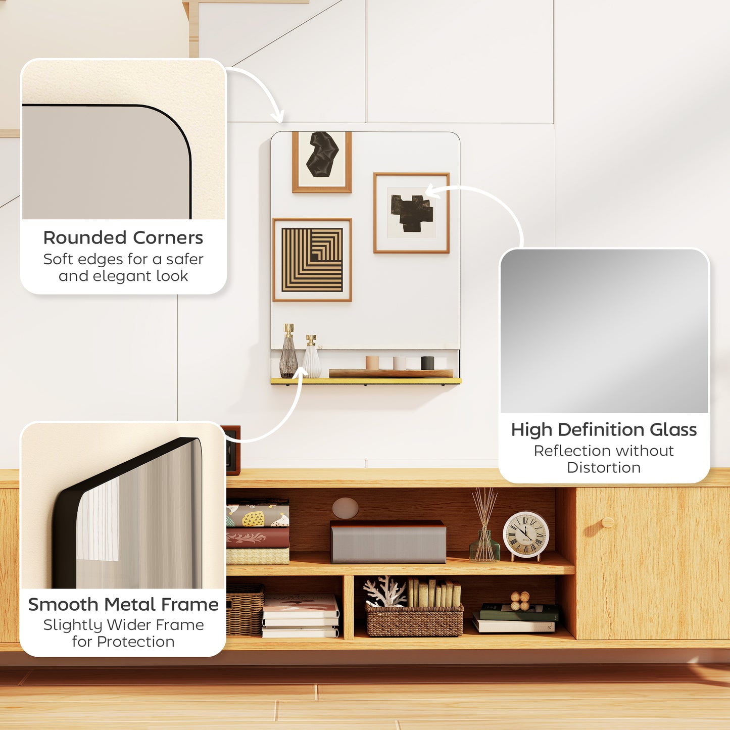 Wall Mirror with Wood Shelf - Black