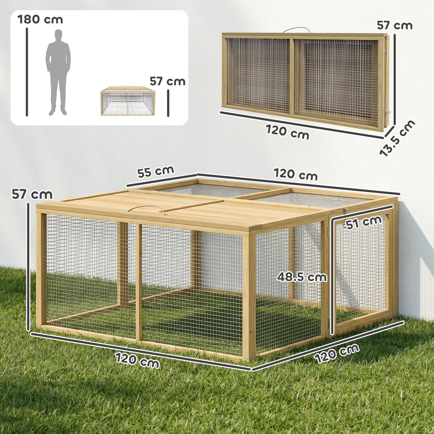 Wooden Folding Rabbit Hutch, for 2-3 Rabbits - Natural Wood
