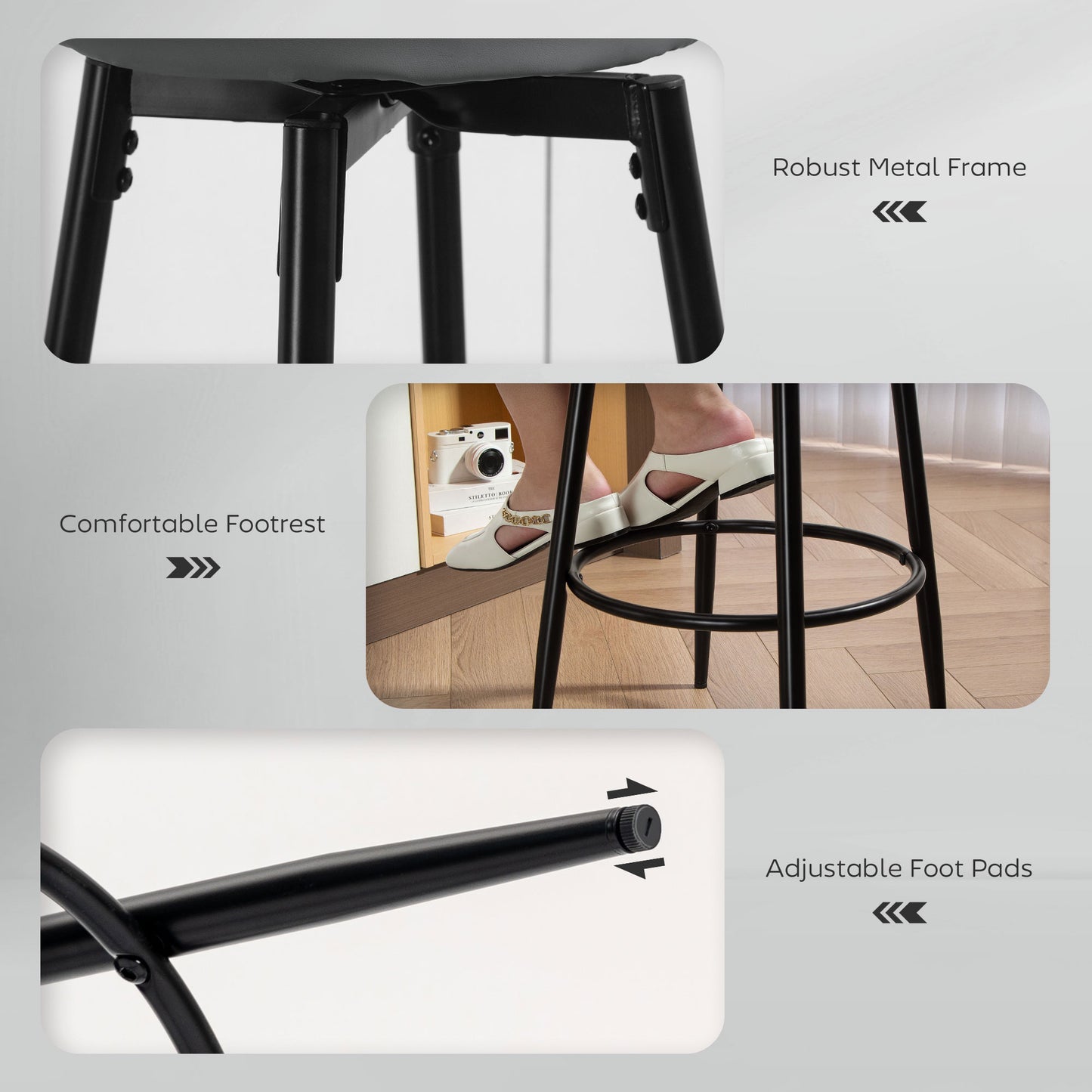 Set of Two Faux Leather Bar Stools - Grey/Black