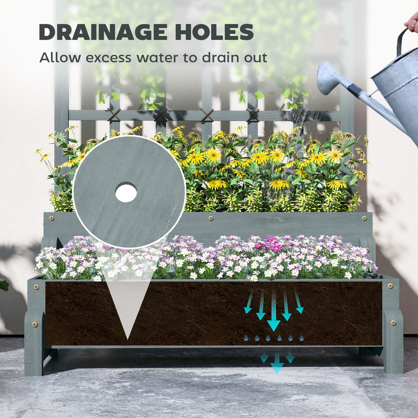 2-Tier Raised Garden Bed with Trellis, Wooden Elevated Planter Box with Drainage Holes