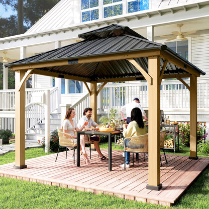 3.5 x 3.5m Outdoor Hardtop Gazebo Canopy with Two-tier Metal Roof and Solid Wood Frame Outdoor Patio Shelter for Patio