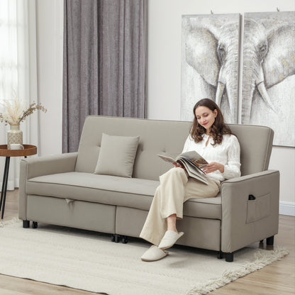 3 Seater Velvet Sofa Bed, Convertible Pull-Out Sofa Bed with Adjustable Backrest, Space Saving Living Room Sofa, Beige