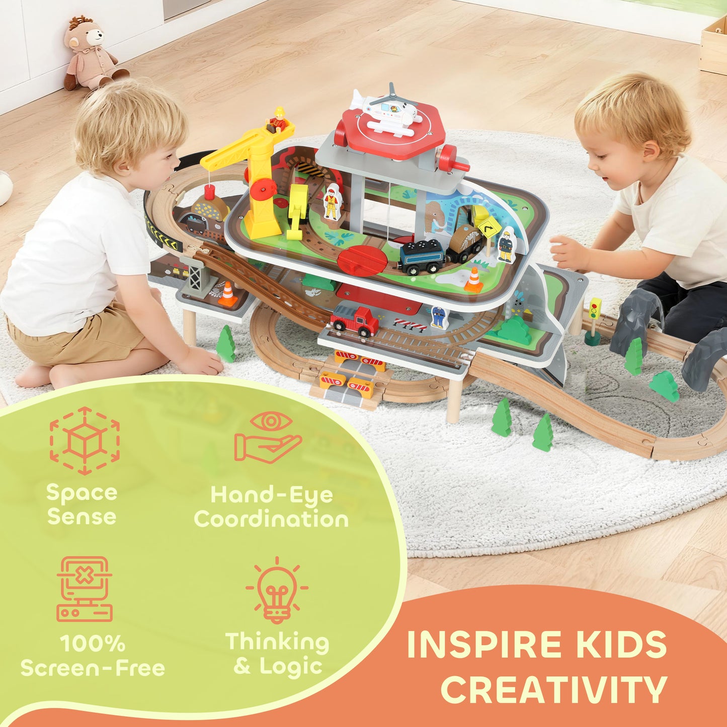 79 Piece Wooden Train Set, Kids Train Track Mine Themed with Crane, Helicopter