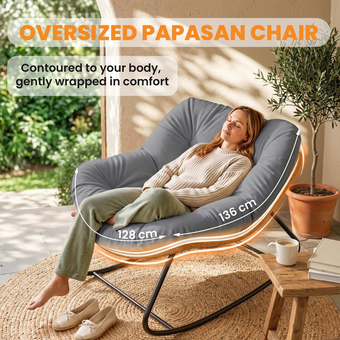 Indoor Outdoor Rocking Chair, Oversized Rocking Egg Chair with Cushion for Living Room, Garden, Patio, Grey