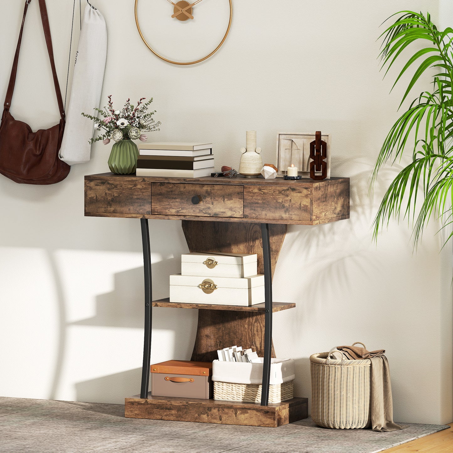 Console Table, 3-Tier Industrial Hallway Table with Drawer, Storage Shelves, 91 x 32 x 87 cm, Rustic Brown