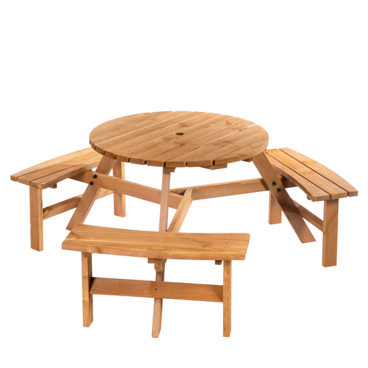 Wooden Garden Dining Set, 6 Seater Round Dining Picnic Table with Matching Bench