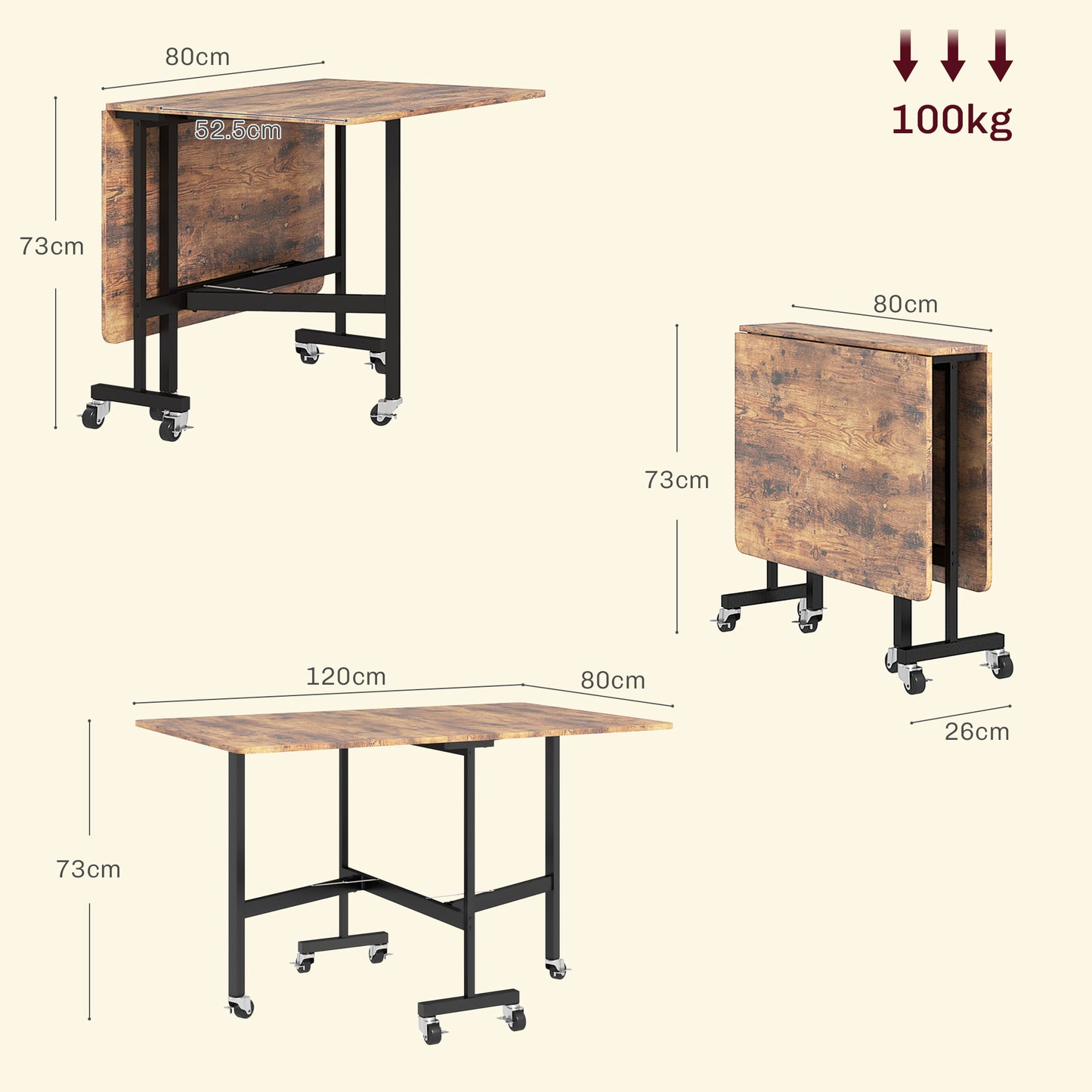 Six-Seater Drop-Leaf Dining Table, with Wheels - Brown Wood-Effect