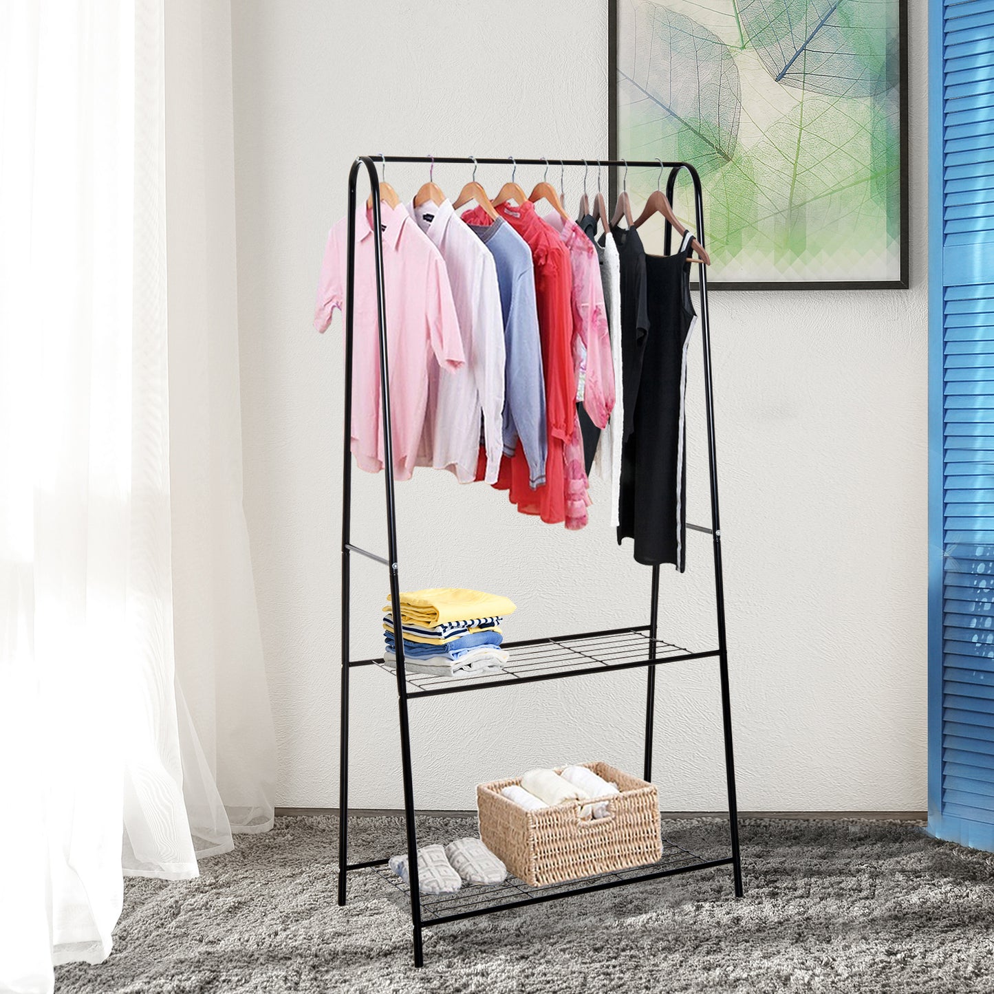 Metal Clothes Rack Coat Garment Hanger Hallway Organiser Hanging Rail Stand 2-tier Shoe Shelving A Shaped 77L x 45W x 153H cm