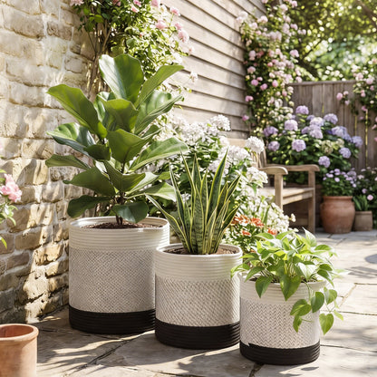 Plant Pots Handwoven Cotton Indoor Planters with Waterproof Liner Set of 3 White