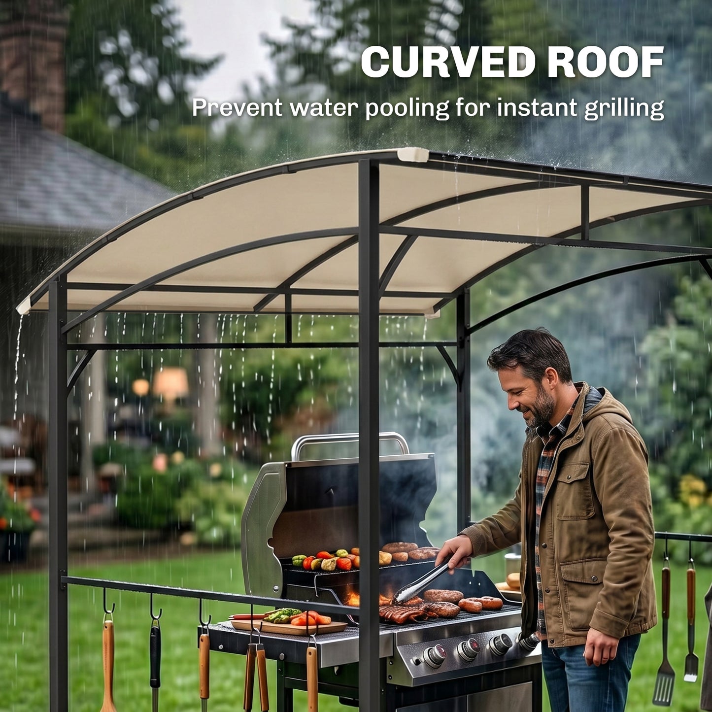 2.2 x 1.5 m BBQ Grill Gazebo Tent, Garden Grill with Metal Frame, Curved Canopy and 10 Hooks, Outdoor Sun Shade, Beige