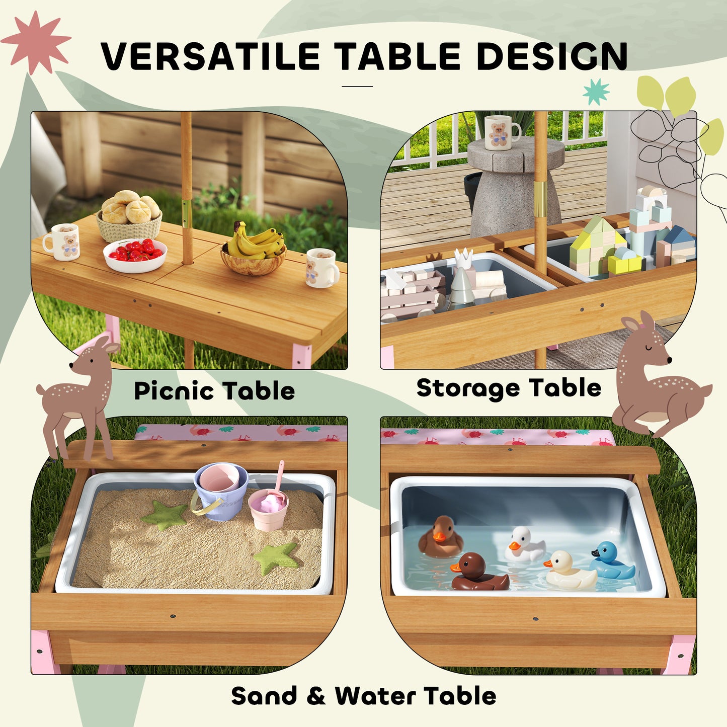 Kids Picnic Table Set with Removable & Foldable Umbrella, Storage Boxes, Flamingo Theme, Pink
