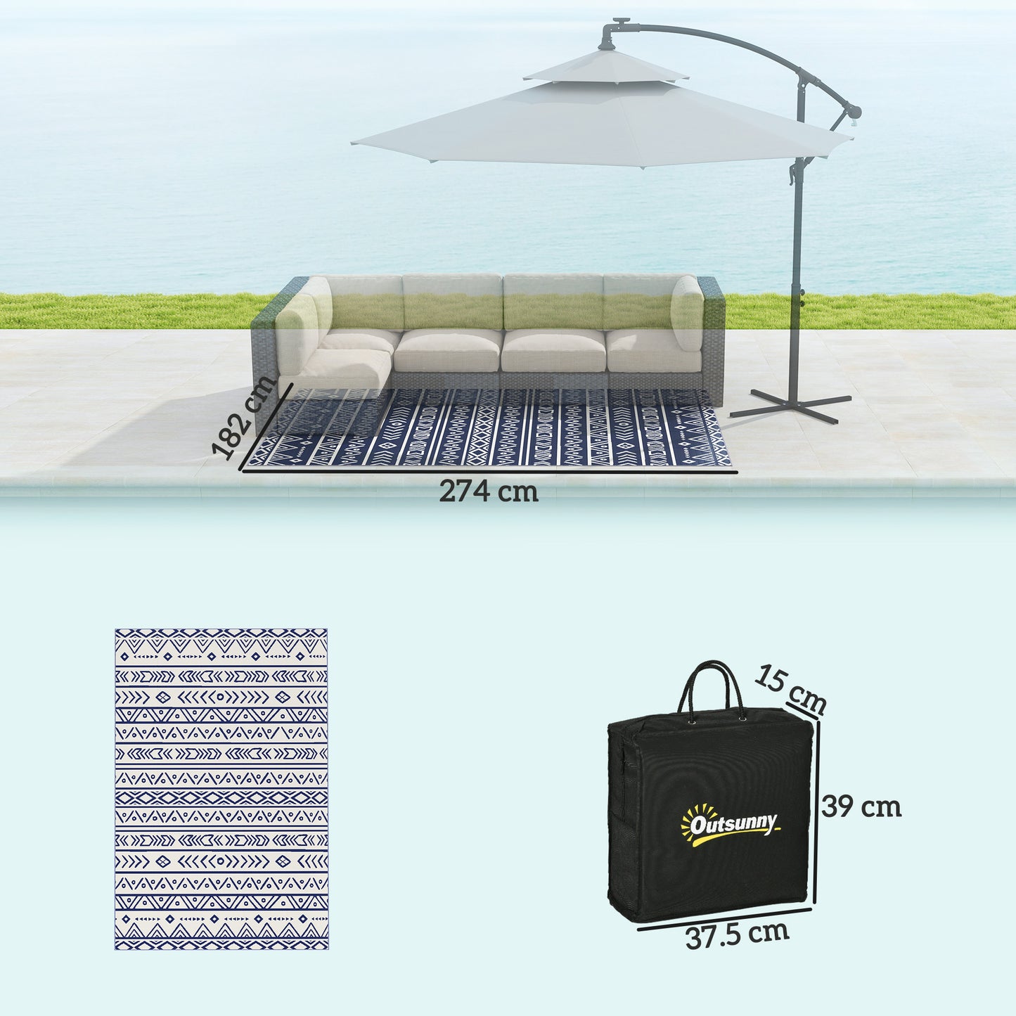 Reversible Outdoor Rug with Carry Bag, Waterproof Plastic Straw Mat for Garden, Deck, RV, Picnic, Beach, Camping