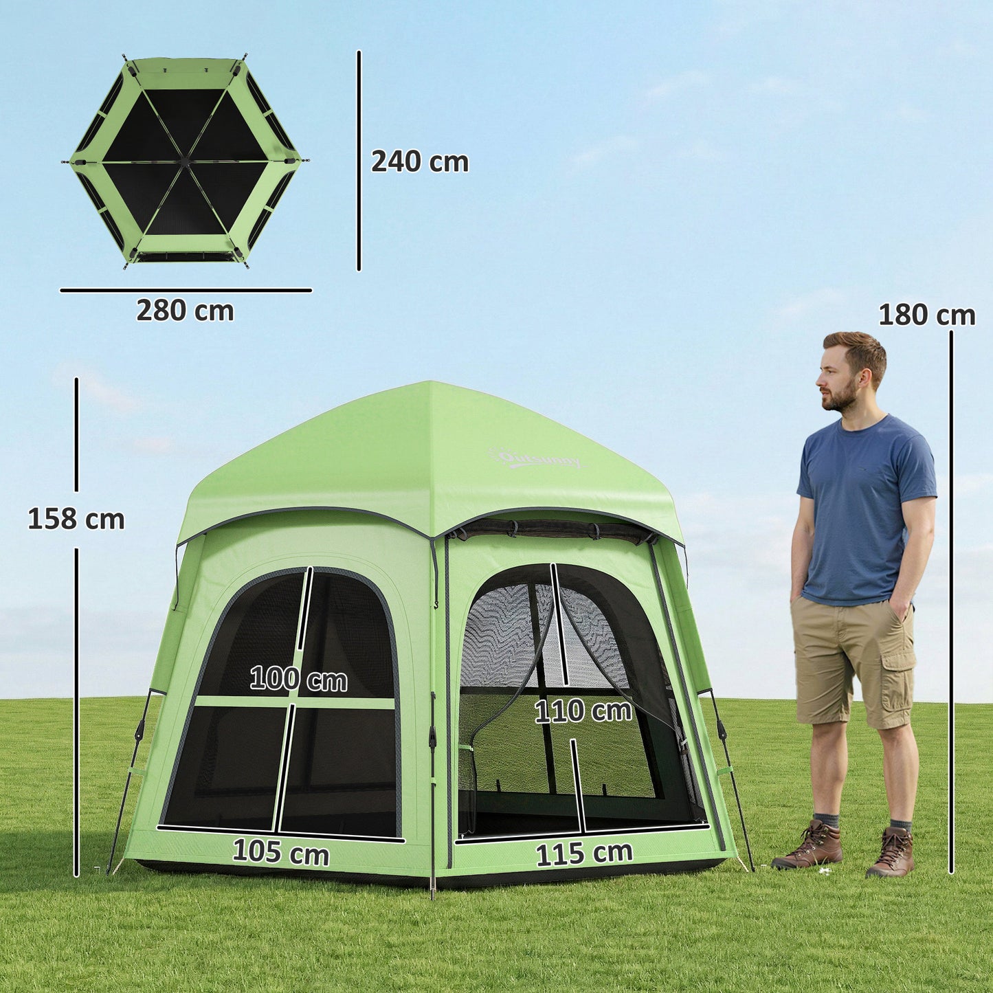 Pop Up Tent 3000mm Waterproof Instant Camping Tent 3-4 Person with 2 Doors 4 Windows Green