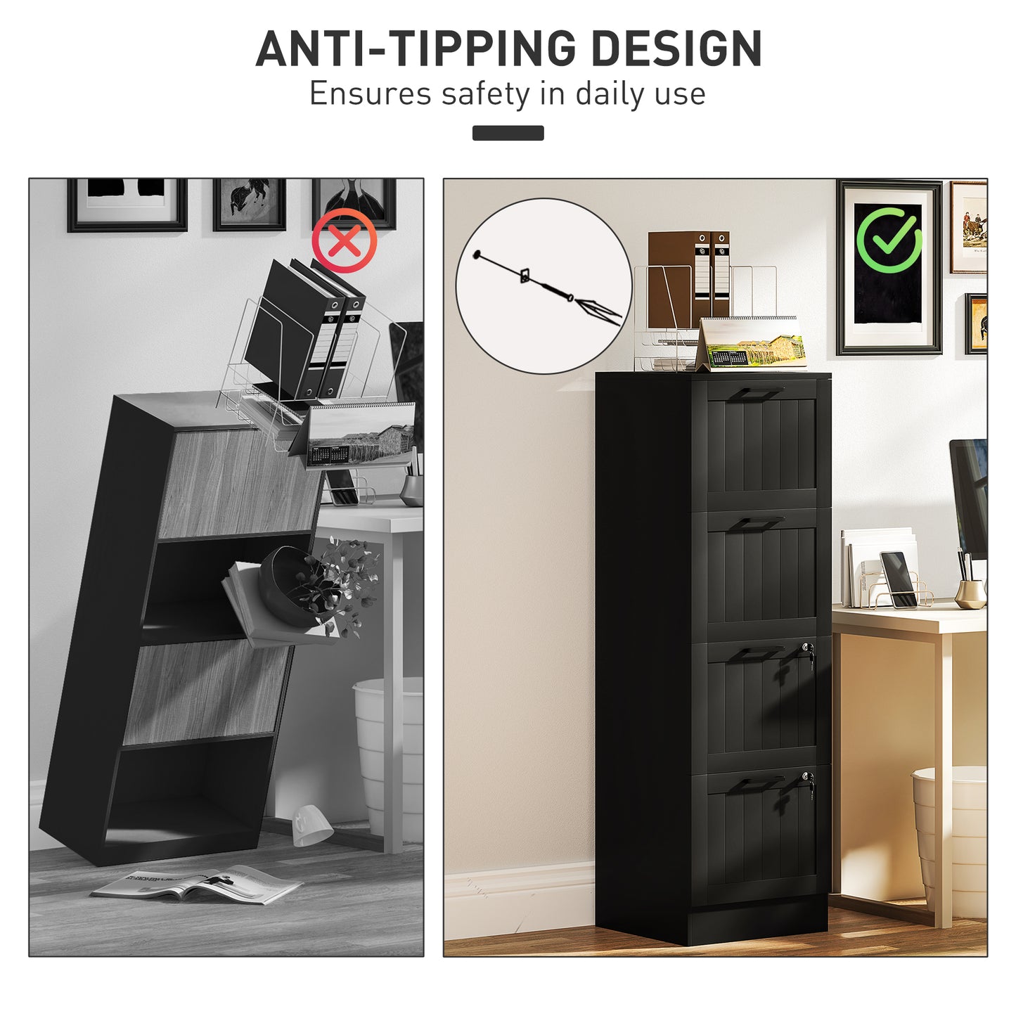 4 Drawer Filing Cabinet with Lock, Office Storage Cabinet with Adjustable Hanging Bars for A4 Letter Size Files, Black