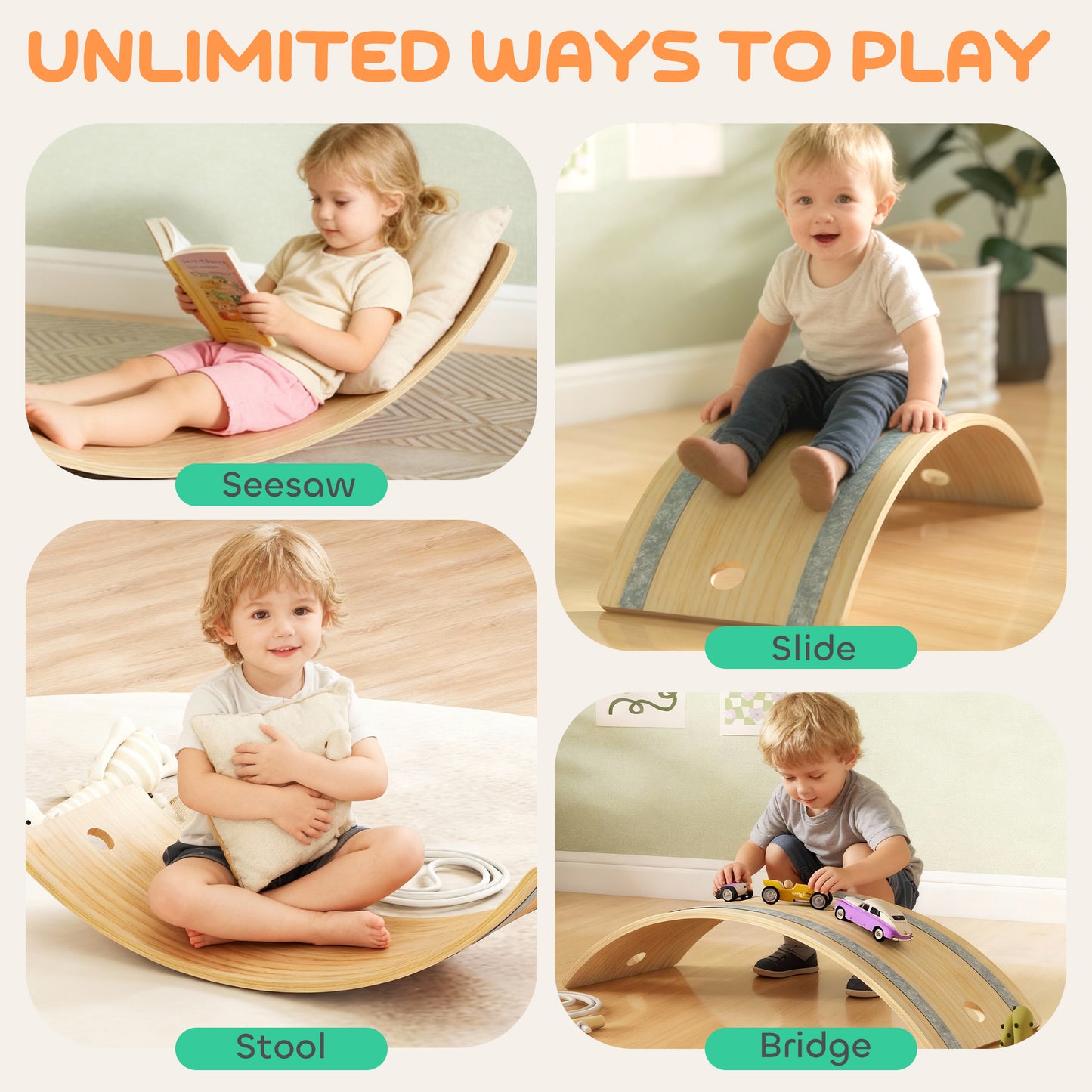 Kids Wooden Balance Board with Rope, Wooden Wobble Board with Felt for Sensory Play, for Toddler 3-6 Years Old