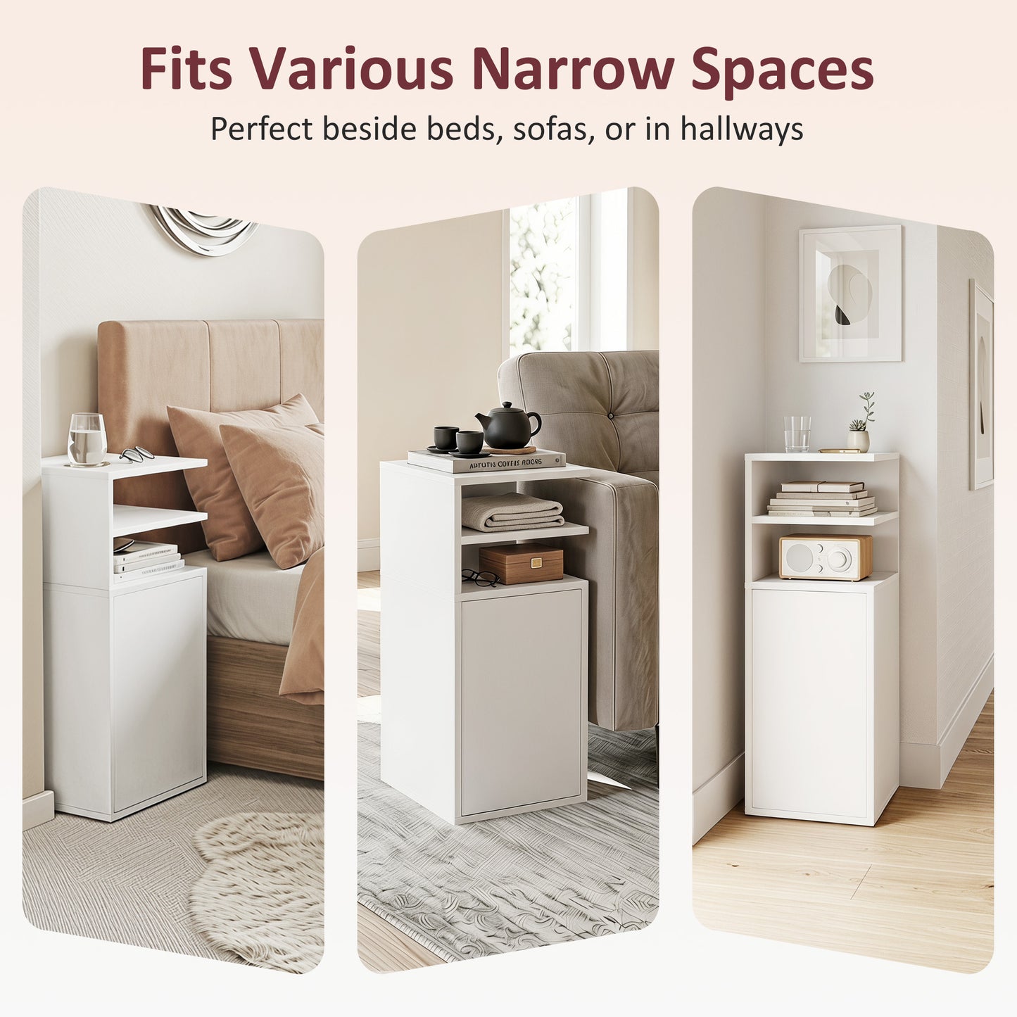 Slim Bedside Table Set of 2, Narrow Bedside Cabinet with Open Cubbies and Cupboard for Bedroom Living Room, White