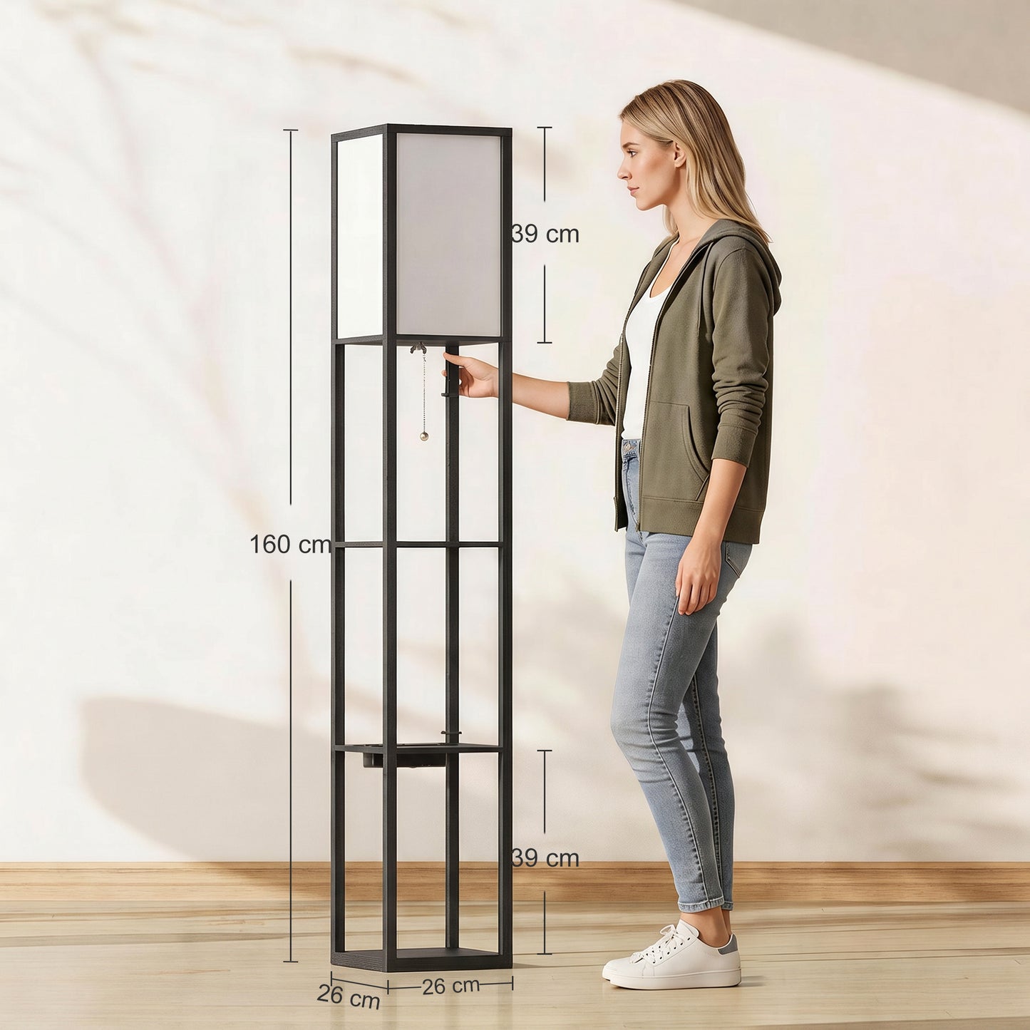 Floor Lamp with Shelves, 3 Layer Column Modern Standing Lamp for Living Room, Bedroom, Office, Black