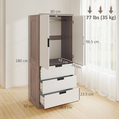 Modern Clothes Storage Cupboard Unit, 3 Drawer 2 Door Wardrobe with Hanging Rod, White/Brown