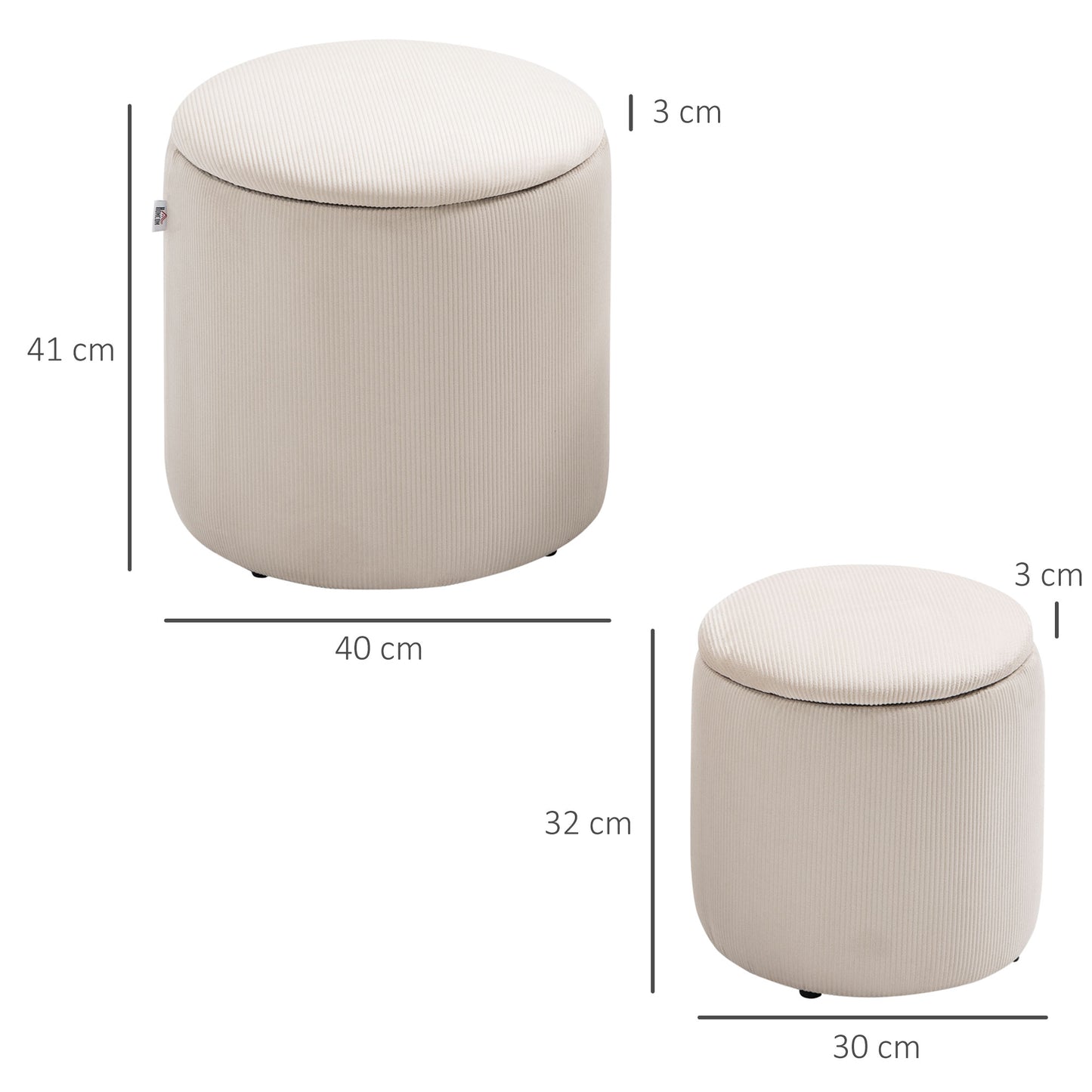 Set of 2 Round Ottoman with Storage, Fabric Vanity Stool for Makeup