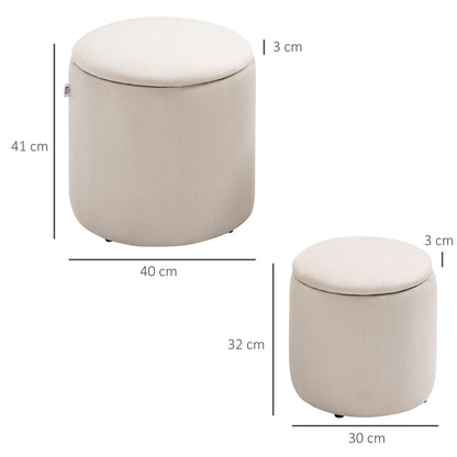 Set of 2 Round Ottoman with Storage, Fabric Vanity Stool for Makeup