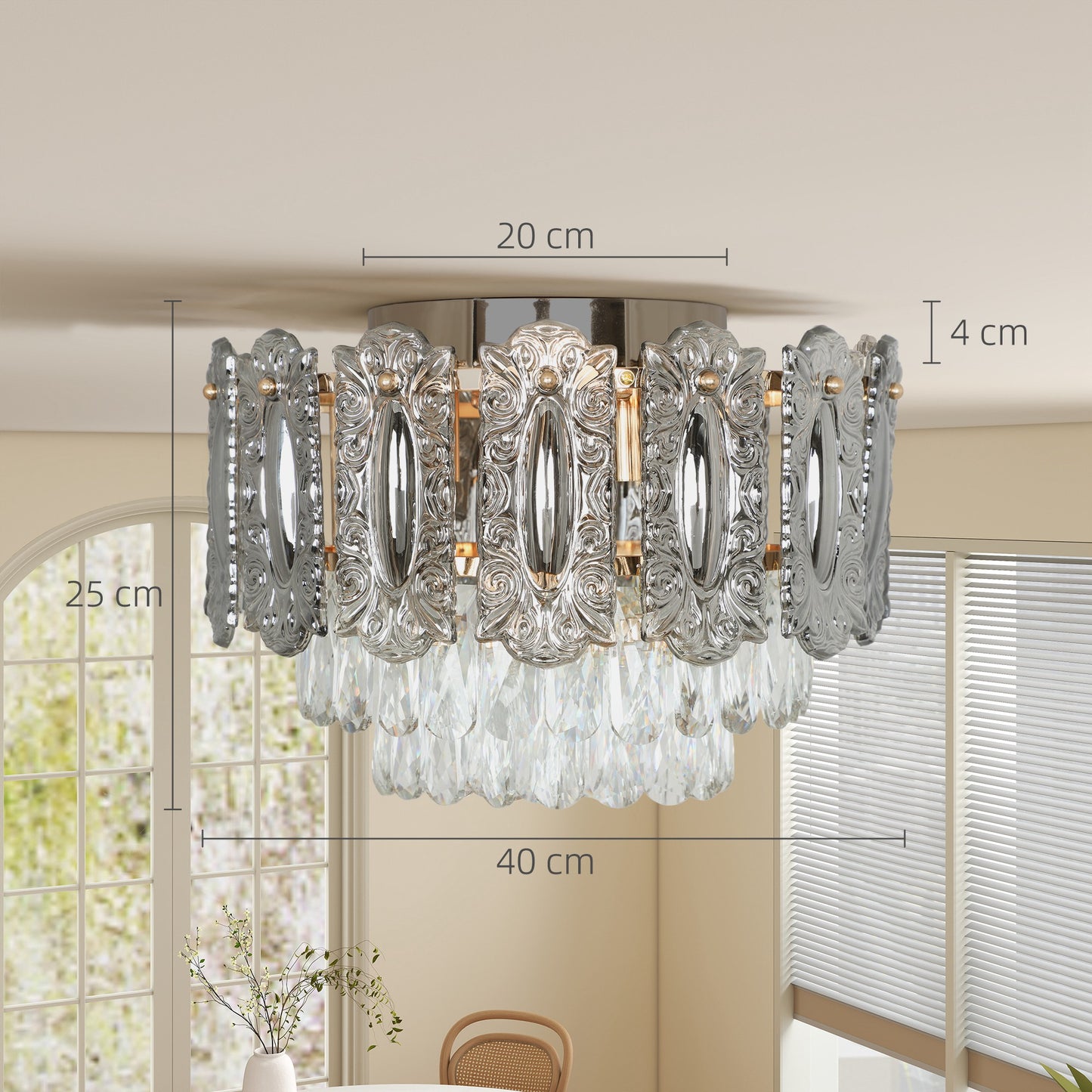 Chandelier Ceiling Light, 3-Light Flush Mount Fixture with Dual Crystal and Smoke Glass Shade