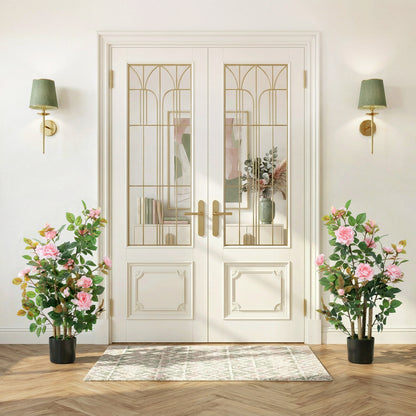 90cm Artificial Rose Tree Set of 2, Decorative Fake Plant with 344 Silk Leaves 17 Flowers for Outdoor Indoor Decor, Pink