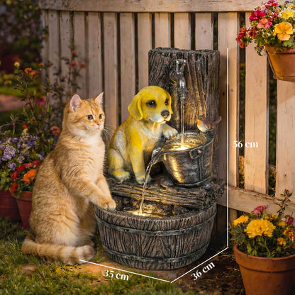 Garden Water Feature with 3-Tier Rustic Puppy Design, Freestanding Resin with LED Lights, Adjustable Flow, Rustic Brown