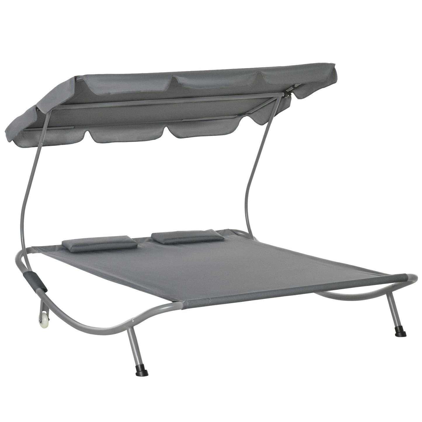 Double Sun Lounger with Adjustable Detachable Canopy, Portable Garden Daybed for 2 with Wheels, Outdoor Sunbed Hammock