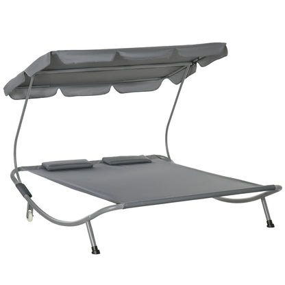 Double Sun Lounger with Adjustable Detachable Canopy, Portable Garden Daybed for 2 with Wheels, Outdoor Sunbed Hammock